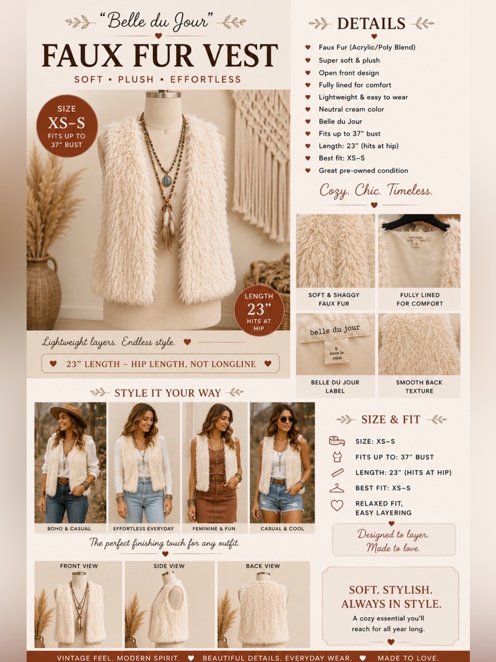 Belle du Jour - Cream colored, festival style faux fur/ fleece vest - fits XS-S